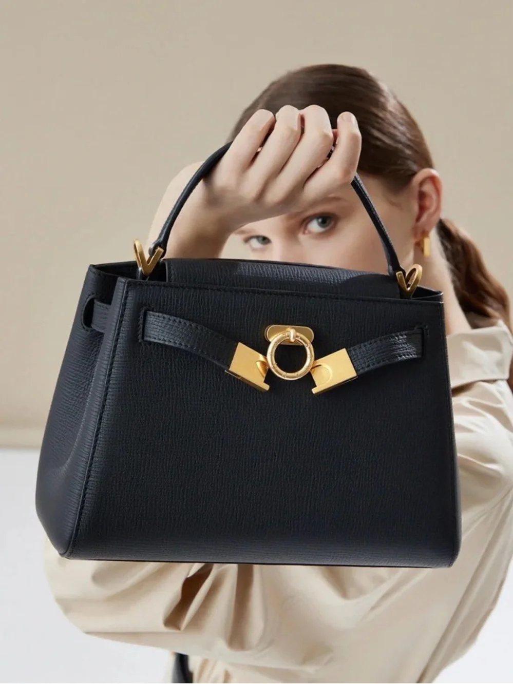Parisa Wang Madison Top Handle Bag - Black Leather Satchel Gold Hardware